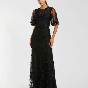 Black Flutter Sleeve Floral Embroidered Net Gown