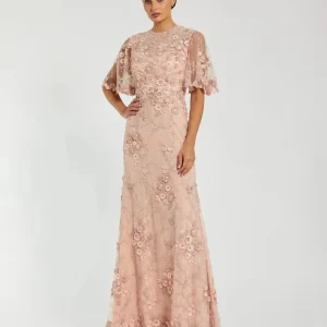 Petite Pink Flutter Sleeve Floral Embroidered Net Gown