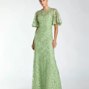 Green Flutter Sleeve Floral Embroidered Net Gown