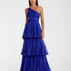 Blue One Shoulder Open Back Chiffon A-Line Gown