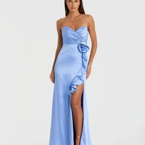Blue Strapless Satin Column Gown With 3D Flower