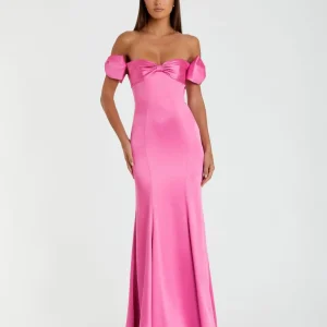 Pink Off-the-Shoulder Satin Trumpet Gown with Bows