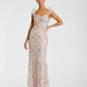 Pink Embroidered Lace Floral Gown with Ruffle Straps