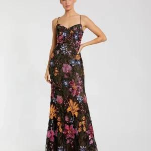 Black Multicolor Floral Embroidered Trumpet Gown
