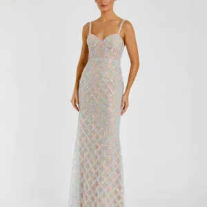 Beige Multicolor Pearl Embellished Bustier Column Gown