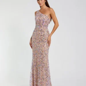 Pink Floral Embellished One Shoulder Column Gown