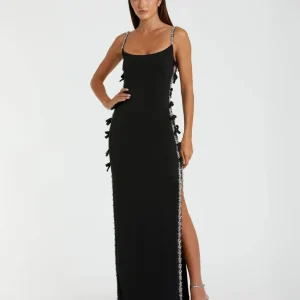 Black Thin Strap Jersey Gown With Bow Details