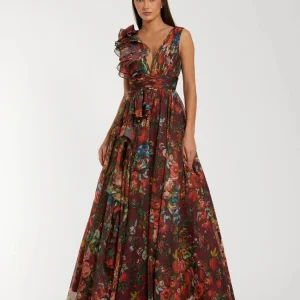 Wine Sleeveless V-Neck Floral Chiffon Ruffle Ball Gown