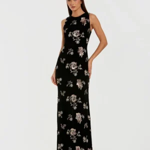 Black Sleeveless Floral Embellished Velvet Evening Gown