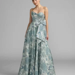Blue Strapless Floral Brocade Ball Gown With Bow Detail