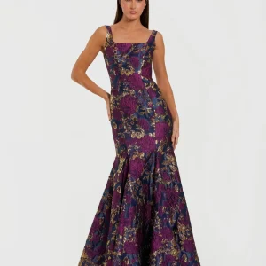 Navy Multicolor Sleeveless Brocade Trumpet Gown