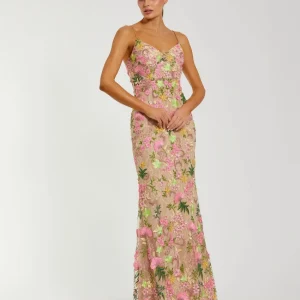 Beige Multi Floral Rhinestone Embroidered Column Gown