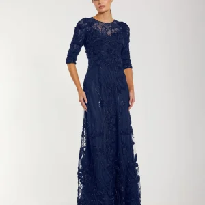 Navy High Neck Embellished Lace Gown with 3/4 Sleeves