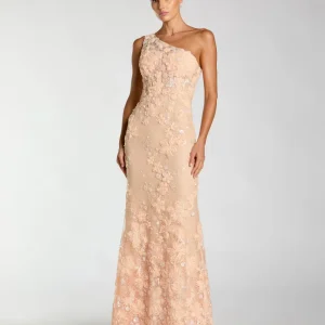 Orange One Shoulder Floral Appliqué Sequin Gown