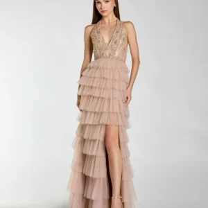 Beige Embellished Halter Neck Tiered Ruffle Gown