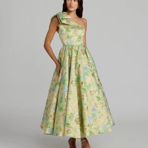 Green One Shoulder Brocade Midi Dress With Bow Detail