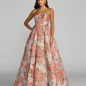 Pink Strapless Floral Brocade Ball Gown With Pockets
