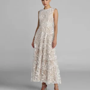 Ivory Floral Embroidered High Neck Midi Dress