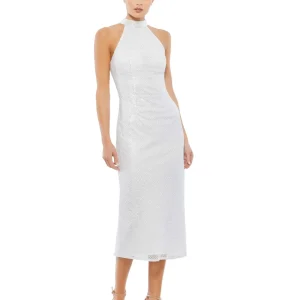 Hand Embellished Halter Neck Midi Sheath Dress