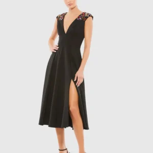 Beaded Cap Sleeve A Line Midi Dress