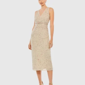 Beige Sequined Sleeveless V-Neck Midi Sheath Dress