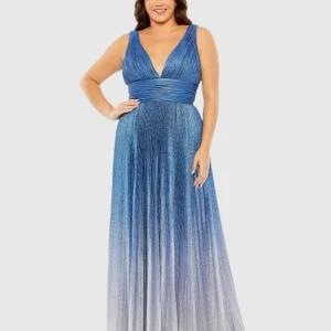 Blue V-Neck Ombre Pleated Gown