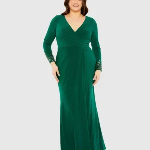 Green Long Crystal Detail Sleeve V Neck Gown - FINAL SALE