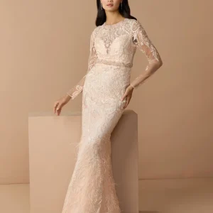 Pink Embroidered Long Sleeve Gown With Feather Hem