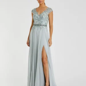 Blue Embellished Chiffon Cap Sleeve A-Line Gown