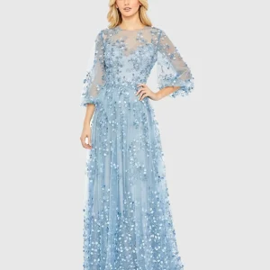 Blue Embroidered Puff Sleeve A-Line Gown