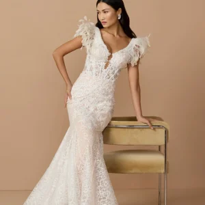 Ivory Embroidered Lace Mermaid Gown With Feather Sleeves