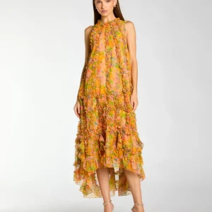Sleeveless Floral Chiffon Micro Ruffle Midi Dress
