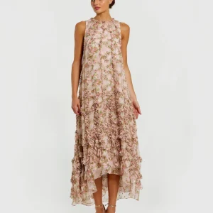 Pink Sleeveless Floral Chiffon Micro Ruffle Trapeze Midi Dress