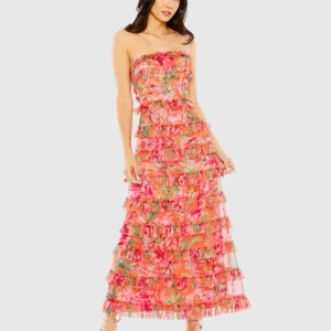 Multicolor Strapless Floral Micro Ruffle Dress