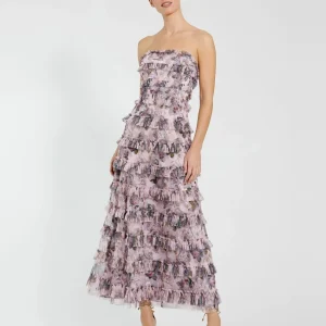 Strapless Floral Micro Ruffle Dress