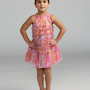 Girls Multicolor Floral High Neck Sleeveless Ruffled Dress