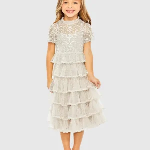 Girls White High Neck Embroidered Short Sleeve Dress