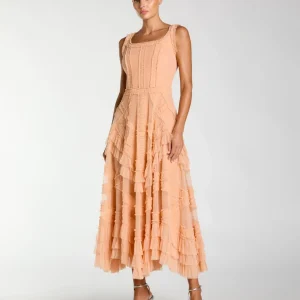 Orange Scoop Neck Sleeveless Micro Ruffle Midi Dress
