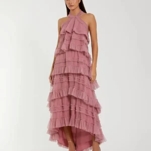 Tiered Ruffle Halter Neck Midi Dress
