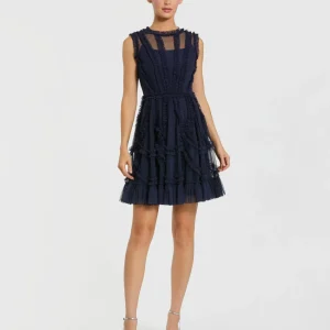 Navy High Neck Sleeveless Micro Ruffle Mini Dress