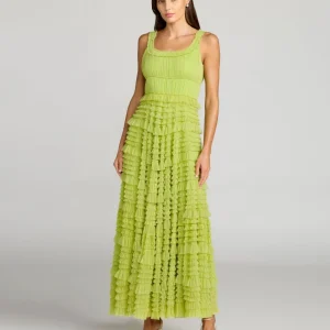 Green Micro Ruffle Sleeveless Scoop Neck Maxi Dress
