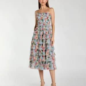 Blue Floral Strapless Ruffle Maxi Dress