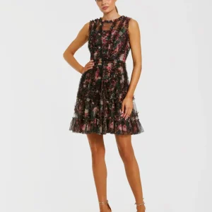 Black Multicolor Micro Ruffle Floral A-Line Mini Dress