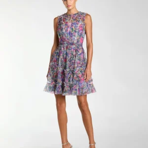 Purple Multicolor Micro Ruffle Floral A-Line Mini Dress