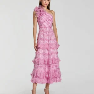Pink Printed One Shoulder Ruffled A Line Midi Dress