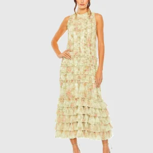 Green Tiered Ruffle Sleeveless Midi Dress