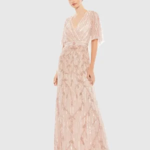 Embellished Cap Sleeve Faux Wrap Trumpet Gown