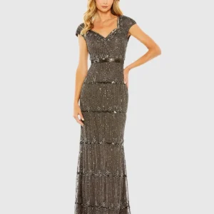 Brown Sequin Cap Sleeve Sweetheart Column Gown