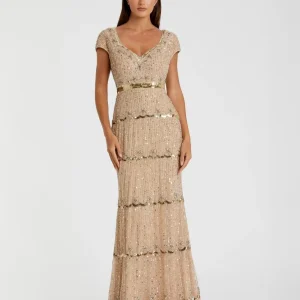 Gold Sequin Cap Sleeve Sweetheart Column Gown