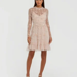 Sheer Long Sleeve Embellished Mini Dress